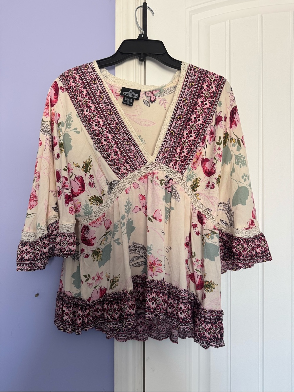Angie Cream Floral V-Neck Tunic with Pink and Sage Accents